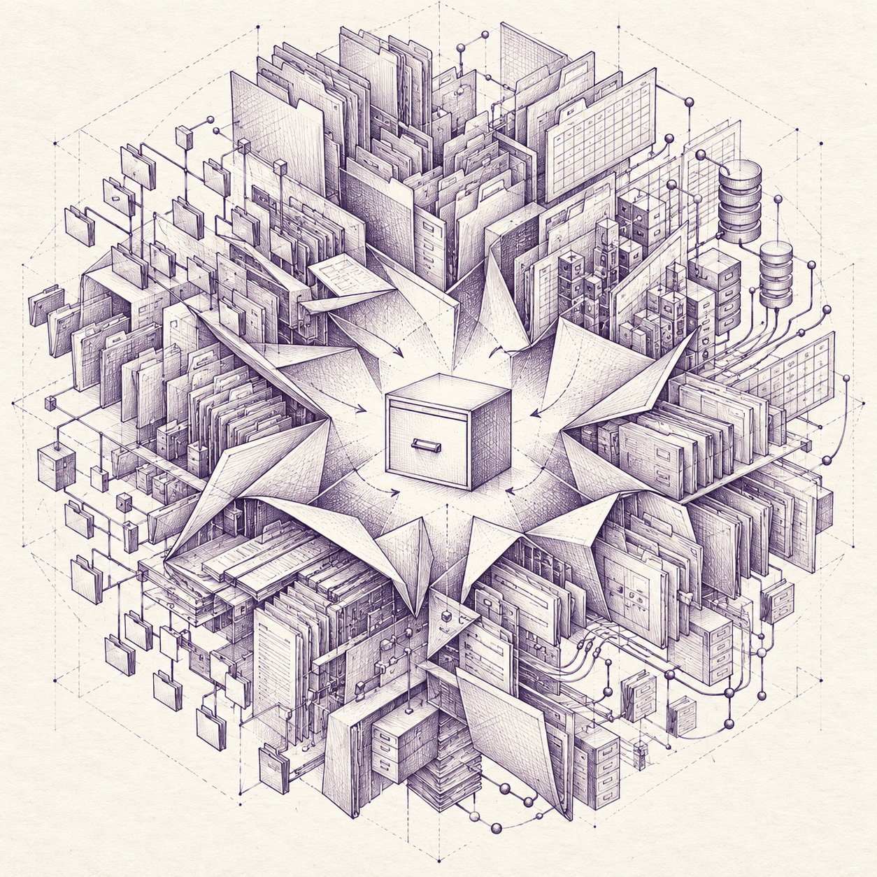 A violet ink sketch of a sprawling filesystem folding inward toward one simple file drawer.